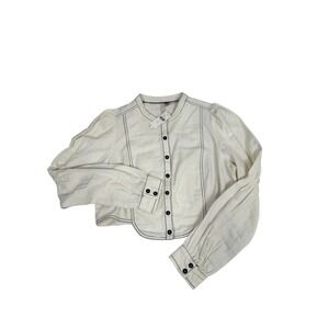 Anthropologie Pilcro Cropped Denim Jacket White Puff Sleeve Contrast Stitch M